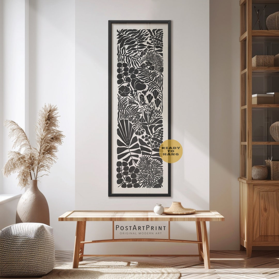 Long Narrow Flowers Framed Art, Black and Beige Canvas Wall