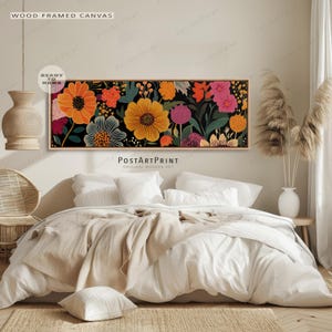 Impression de tapisserie florale vintage : longue décoration horizontale au-dessus du lit