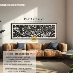 Long Horizontal Floral Canvas Art: Black and Beige Mid Century Modern Decor