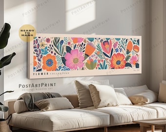 Mid Century Blumen Wandkunst: Horizontale Blumenlandschaft auf Leinwand