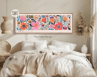 Mid Century Flowers Wall Art: Horizontal Above Bed Framed Canvas
