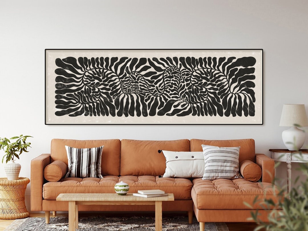 Abstract Botanical, Long Horizontal Art, Black and Beige Wall Art, Wide