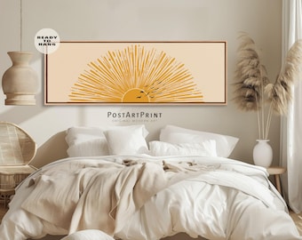 Horizontal Framed Sun Wall Art: Retro Boho Panoramic Above Bed Decor