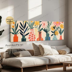 Horizontal Wall Art, Large Framed Canvas, Mid Century, Flower Vase Poster, Panoramic Above Bed Art, Wide Art Framed Art, Long Narrow Decor