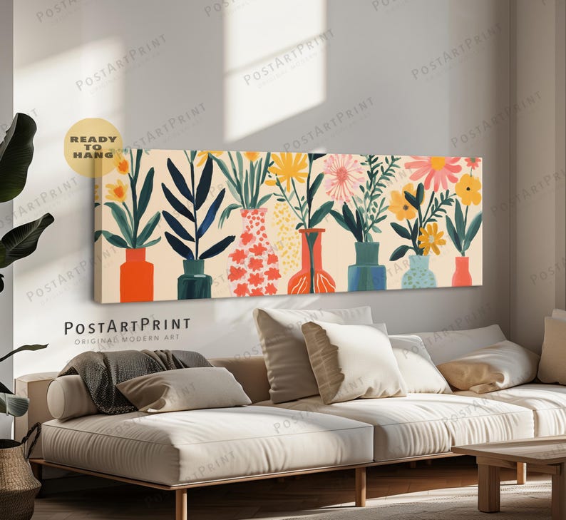 Horizontal Wall Art, Large Framed Canvas, Mid Century, Flower Vase Poster, Panoramic Above Bed Art, Wide Art Framed Art, Long Narrow Decor