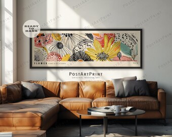 Botanical Canvas Print: Mid Century Modern Flowers, Long Horizontal Wall Art