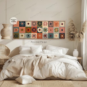 Lienzo enmarcado con motivos florales: Arte mural horizontal moderno de mediados de siglo