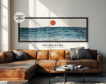 Long Horizontal Sea and Sun Art: Minimalist Large Wide Above Bed Decor