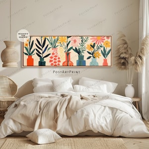Horizontal Wall Art, Large Framed Canvas, Mid Century, Flower Vase Poster, Panoramic Above Bed Art, Wide Art Framed Art, Long Narrow Decor