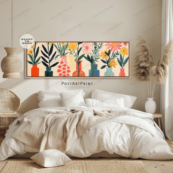 Mid Century Botanical Wall Art: Long Horizontal Colorful Flowers Vase Print