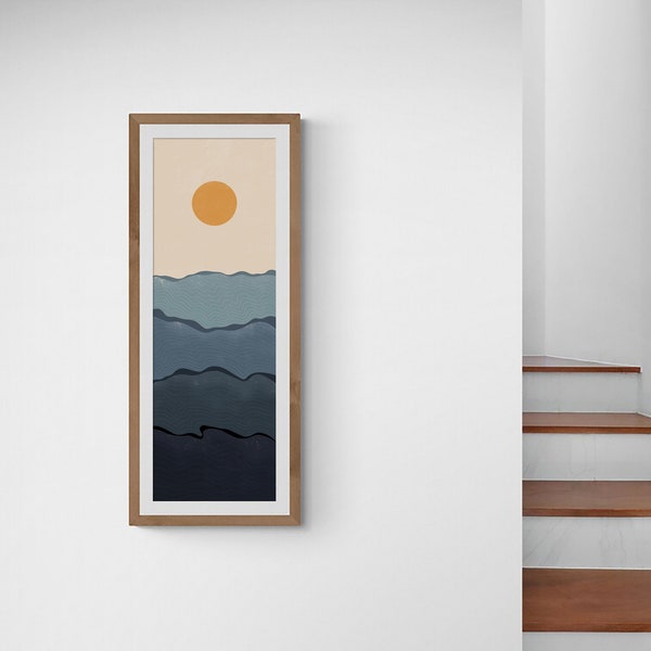 Long Sea Sun, Ocean Beach Summer Art, Vertical Painting, Panoramic Neutral Landscape, Boho Sun, Long Narrow Poster Wide Art Large High Print