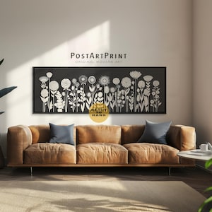 Botanical Wall Art: Black and Beige Long Horizontal Above Bed Decor