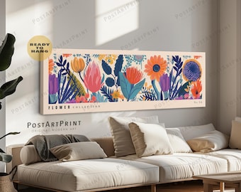 Mid Century Floral Wall Art: Long Horizontal Framed Canvas Poster
