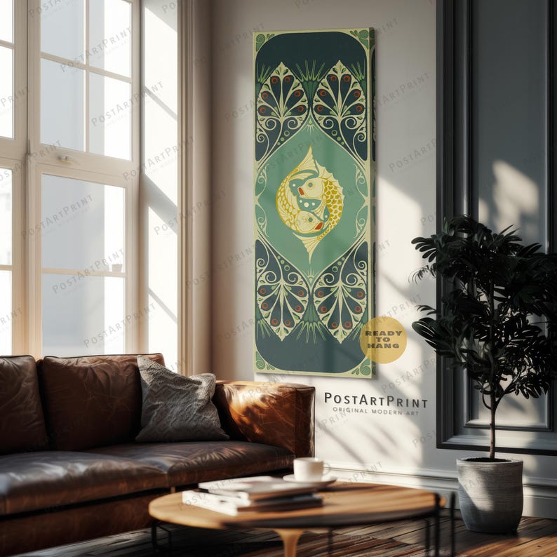 Long Narrow Wall Art, Wide Art, Long Vertical, Vintage Koi Fish Art, Large Framed Canvas, Art Nouveau, Retro Decor, Oversized Framed Poster