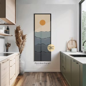 Art paysage horizontal long : toile bohème encadrée mer et soleil large