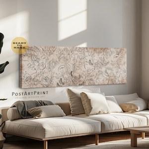 Horizontal Wall Art, Panoramic Framed Canvas, Black and Beige Botanical, Line Art Woman, Long Horizontal, Long Narrow Decor, Large Wide Art