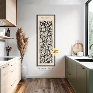 Long Narrow Floral Matisse Canvas: Mid Century Black Beige Framed Art