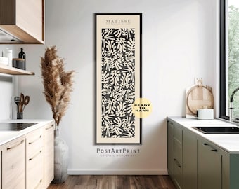 Long Narrow Floral Matisse Canvas: Mid Century Black Beige Framed Art
