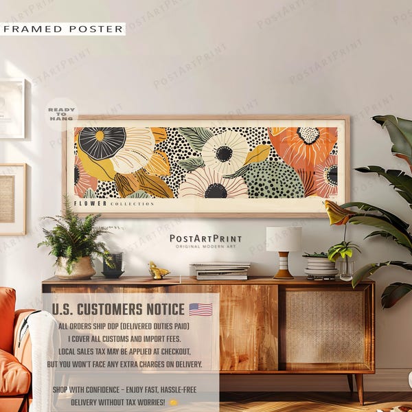 Mid Century Blumen gerahmte Leinwand: Lange horizontale Wandkunst