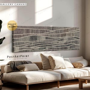 Long Horizontal Wall Art, Mid Century Modern Canvas, Minimalist Line Art, Wide Abstract Art, Neutral Wall Decor, Above Bed Art for Bedroom