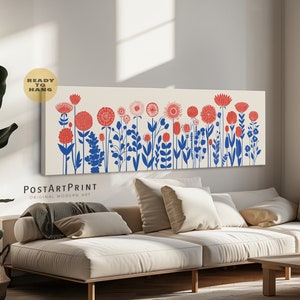 Wildflowers Horizontal Framed Canvas, Flowers Framed Poster, Panoramic Botanical, Blue and Red Long Narrow Decor, Mid Century Modern Art