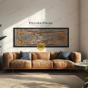 Aboriginal Art Framed Canvas: Lino Cut Panoramic Above Bed Decor