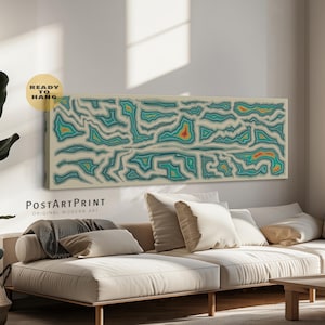 Abstracte muurdecoratie in turquoise, lang horizontaal panoramisch schilderij, kleurrijke organische vormen, lang smal ingelijst canvas, breed kunstwerk, woonkamerdecoratie