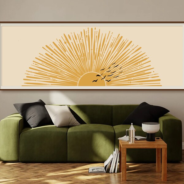 Yellow And Black Horizontal Sun Print, Retro Sunburst, Boho Sun Art, Long Narrow Decor, Wide Art Print, Boho Nursery Room, Minimalist Art