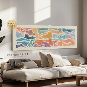 Abstracte pasteltekening, panoramisch horizontaal wandkunstwerk, kleurrijke organische vormen, lang en smal ingelijst canvas, breed kunstwerk, woonkamerdecoratie