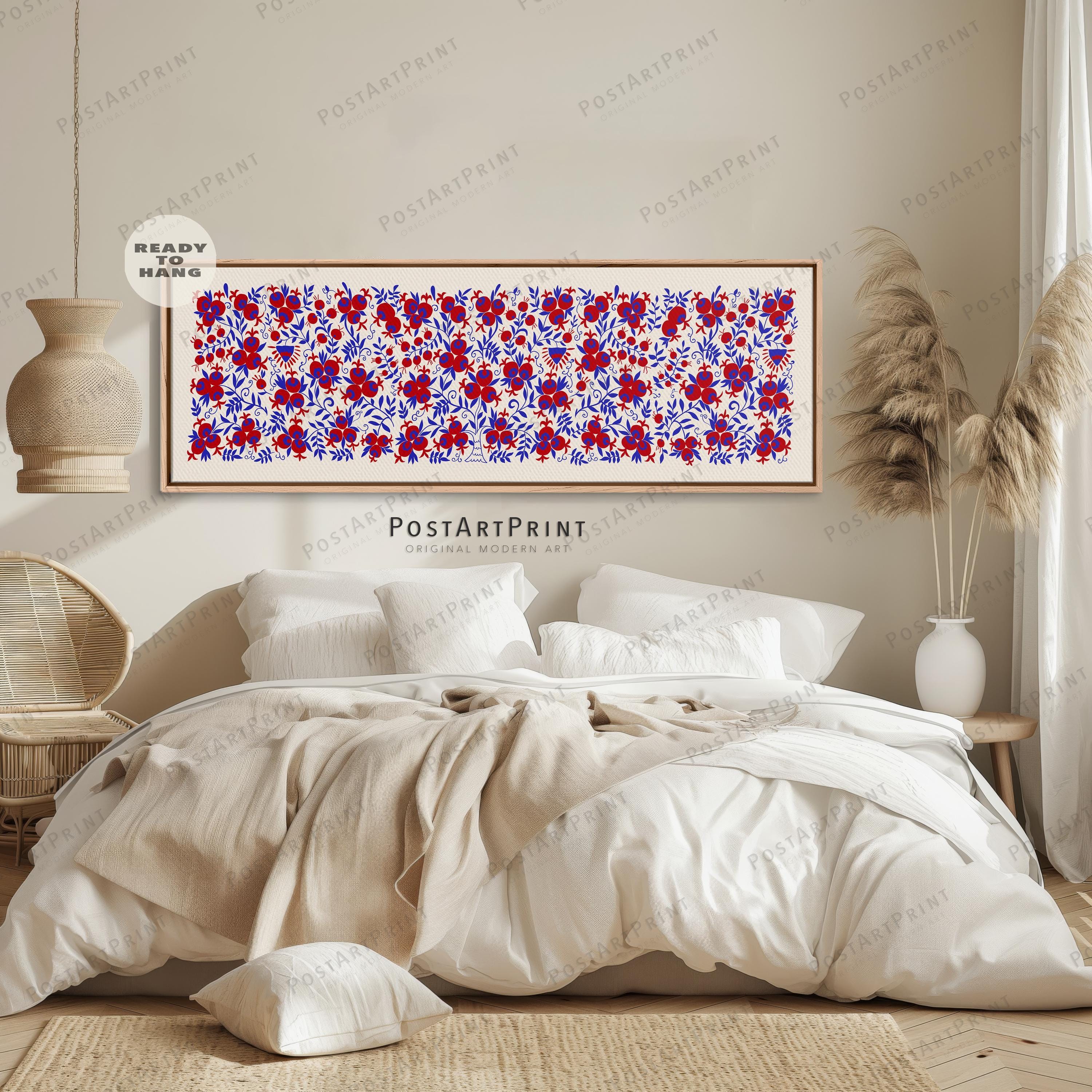 Floral Suzani Framed Canvas: Long Horizontal Red and Blue Tapestry Floral Suzani Framed Canvas: Long Horizontal Red and Blue Tapestry