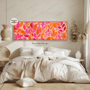 Horizontal Flowers Wall Art: Orange & Pink Botanical Above Bed Decor