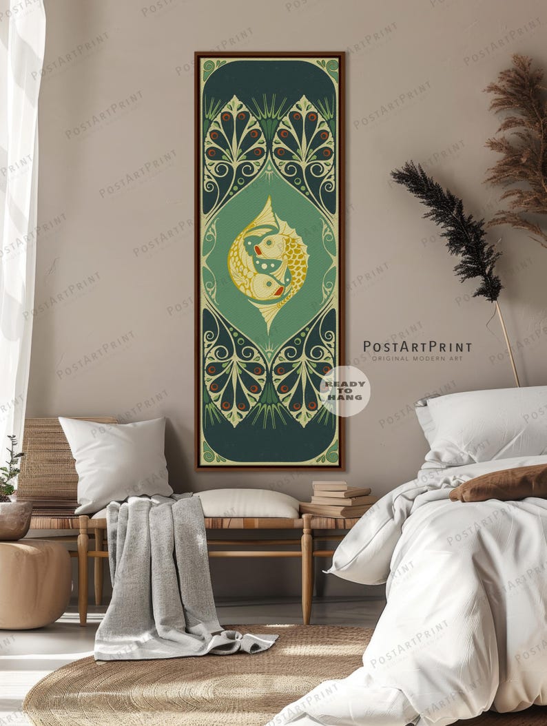 Long Narrow Wall Art, Wide Art, Long Vertical, Vintage Koi Fish Art, Large Framed Canvas, Art Nouveau, Retro Decor, Oversized Framed Poster