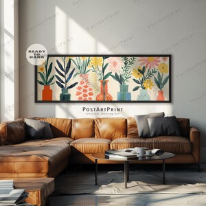 Horizontal Wall Art, Large Framed Canvas, Mid Century, Flower Vase Poster, Panoramic Above Bed Art, Wide Art Framed Art, Long Narrow Decor