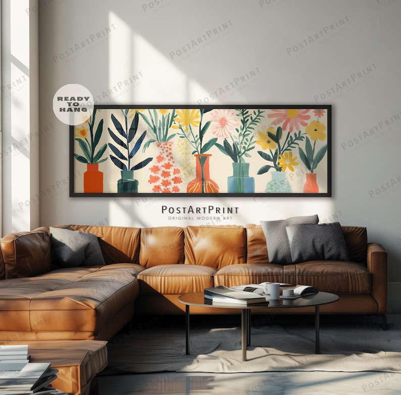 Horizontal Wall Art, Large Framed Canvas, Mid Century, Flower Vase Poster, Panoramic Above Bed Art, Wide Art Framed Art, Long Narrow Decor