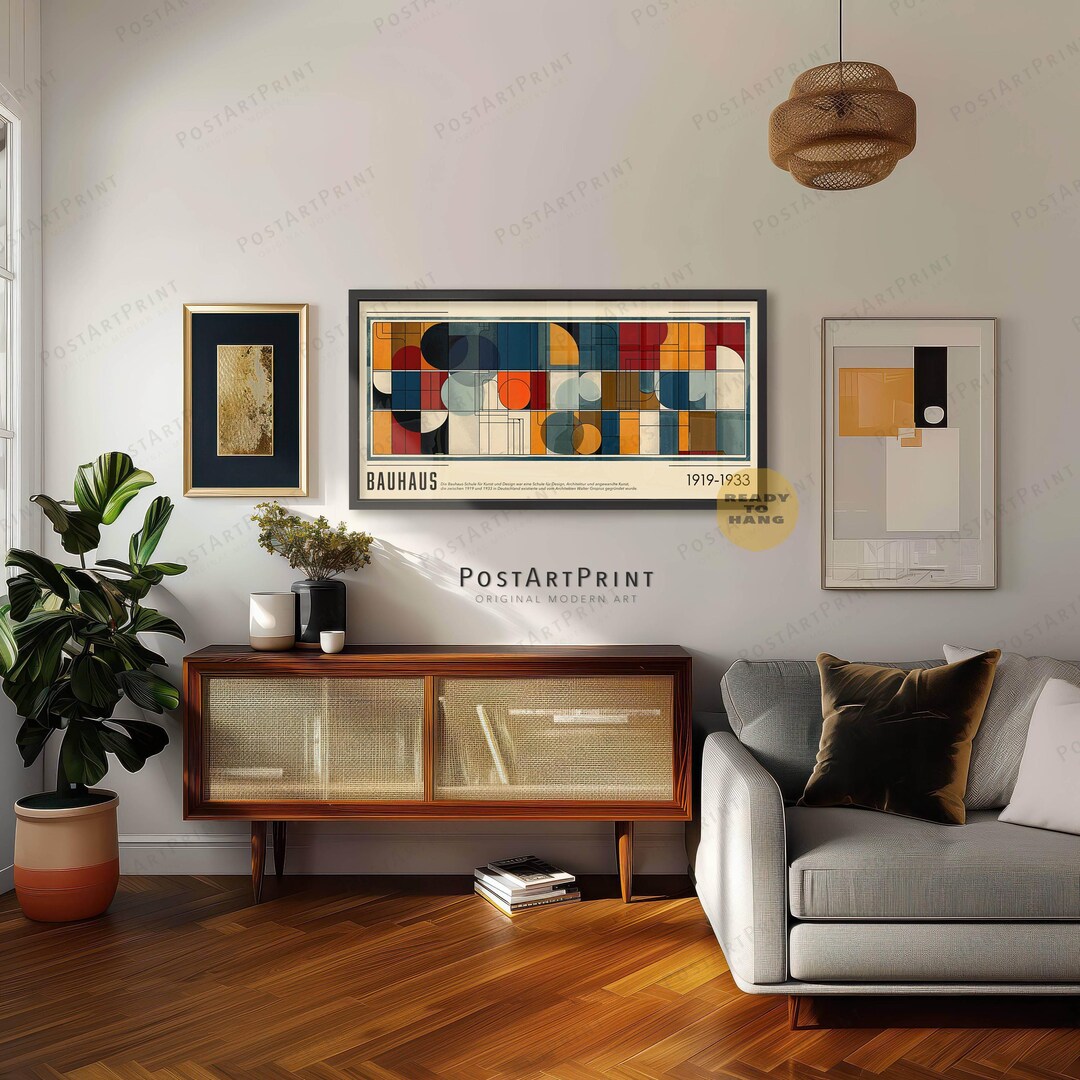 Mid Century Bauhaus Wall Art: Abstract Geometric Horizontal Framed ...