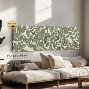 Long Horizontal Framed Canvas Art, Sage Green Wide Art, Long Narrow Art, Abstract Botanical Above Bed Decor, Mid Century Large Framed Poster
