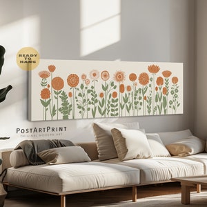 Framed Canvas Horizontal Flowers Art, Wildflowers Framed Poster, Panoramic Botanical, Sage Green Long Narrow Decor, Mid Century Modern Art