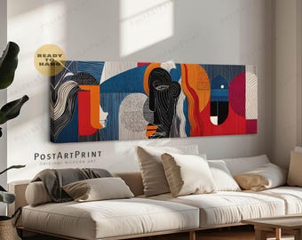 Arte mural abstracto de figuras humanas de mediados de siglo: Lienzo panorámico enmarcado