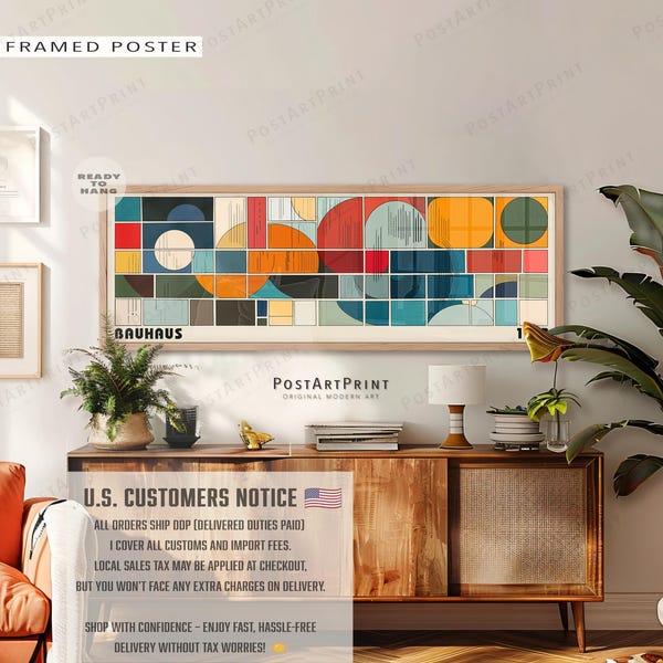 Mid Century Modern Bauhaus Art: Long Horizontal Framed Canvas