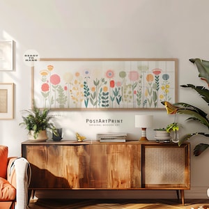 Horizontal Framed Canvas, Colorful Flowers Framed Poster, Panoramic Botanical, Horizontal Art, Long Narrow Decor, Mid Century Modern Art