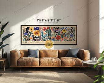 Vintage Floral Canvas Wall Art: Long Horizontal Mid Century Flowers