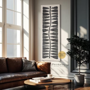 Florale lange schmale Wandkunst: Große schwarz-beige gerahmte Leinwand