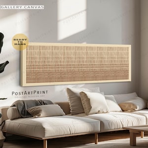 Beige Line Texture Wall Art: Mid Century Horizontal Long Framed Canvas