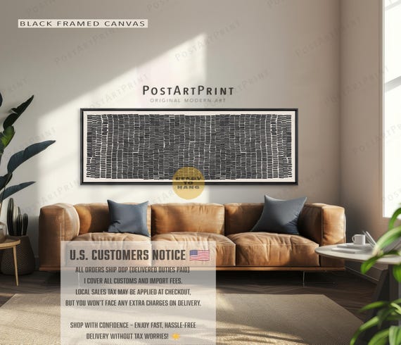 Mid Century Horizontal Wall Art: Black and Beige Long Narrow Wide