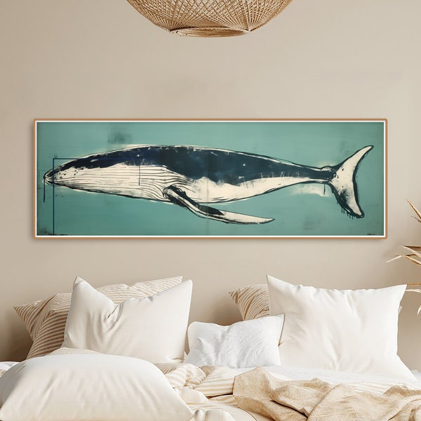 Long Horizontal Whale Art, Blue and Green Painting, Long Narrow Poster, Wide Art Print, Panoramic Ocean Landscape, Original Modern Art