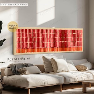 Arte murale rosso-arancio vibrante: tela con cornice lunga orizzontale di metà secolo
