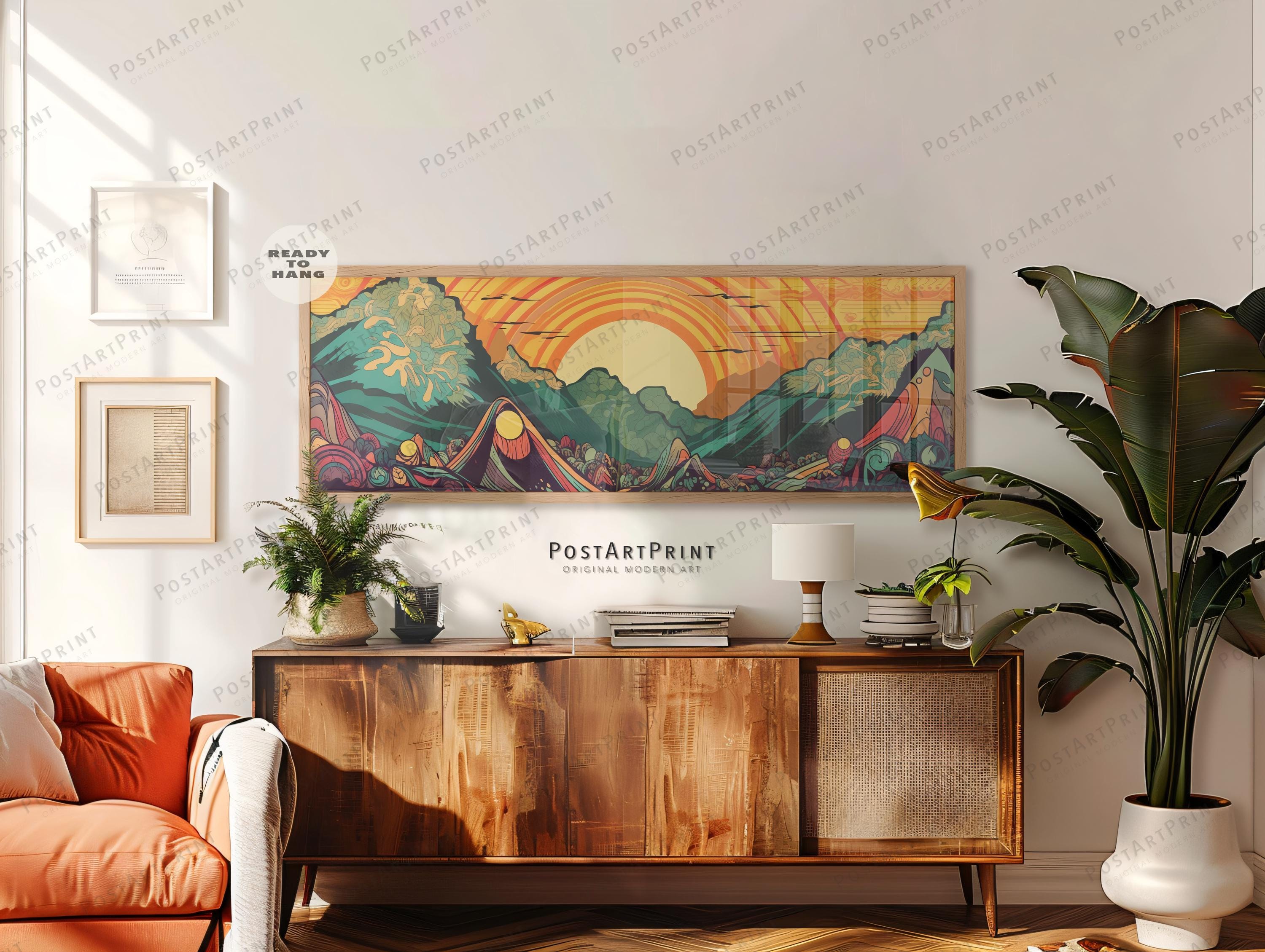70s Retro Psychedelic Framed Canvas: Horizontal Panoramic Wall Art