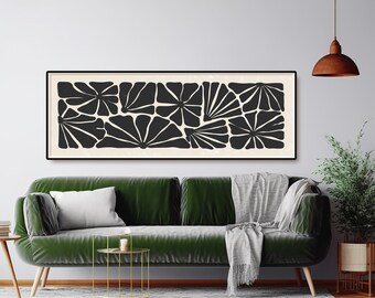 Abstract Black Long Horizontal Wall Art, Long Narrow Flowers Art, Wide Art Print, Mid Century Modern, Lino Cut Floral Print, Panoramic Art