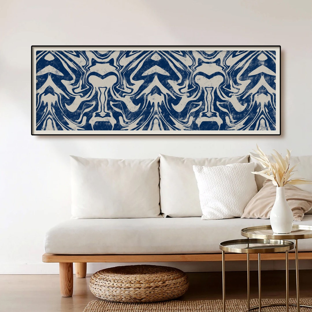 Abstract Long Horizontal Art, Blue and Beige Wall Art, Navy Blue Decor