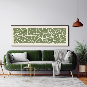 Abstract Sage Green Long Horizontal Wall Art, Long Narrow Flowers Art, Wide Art Print Mid Century Modern Lino Cut Floral Print Panoramic Art